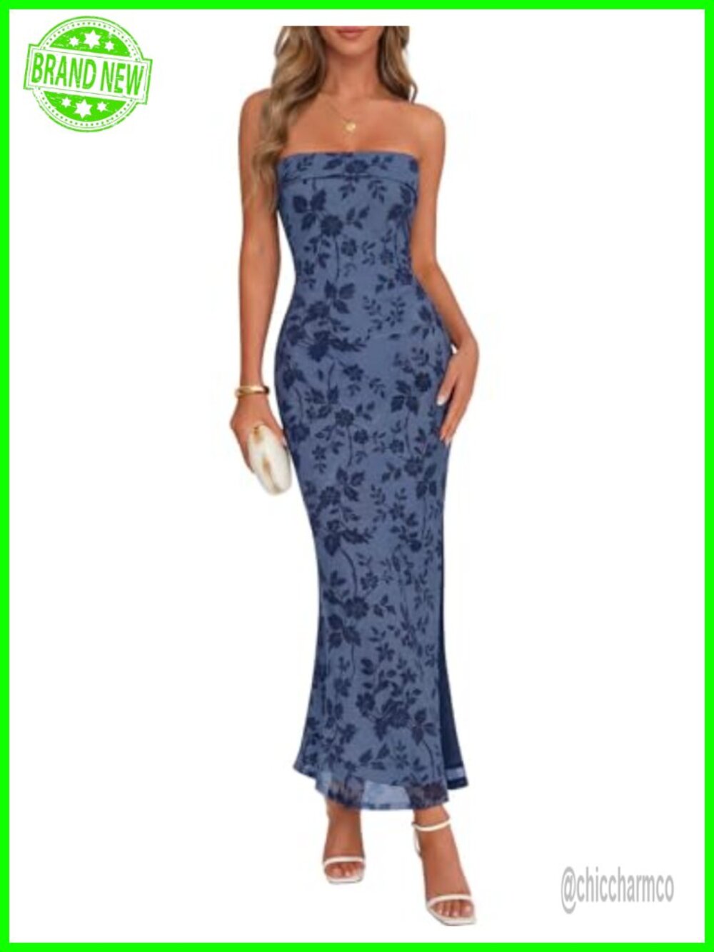 Women's Floral Jacquard Mesh Maxi Dress Strapless Bodycon Wedding Guest